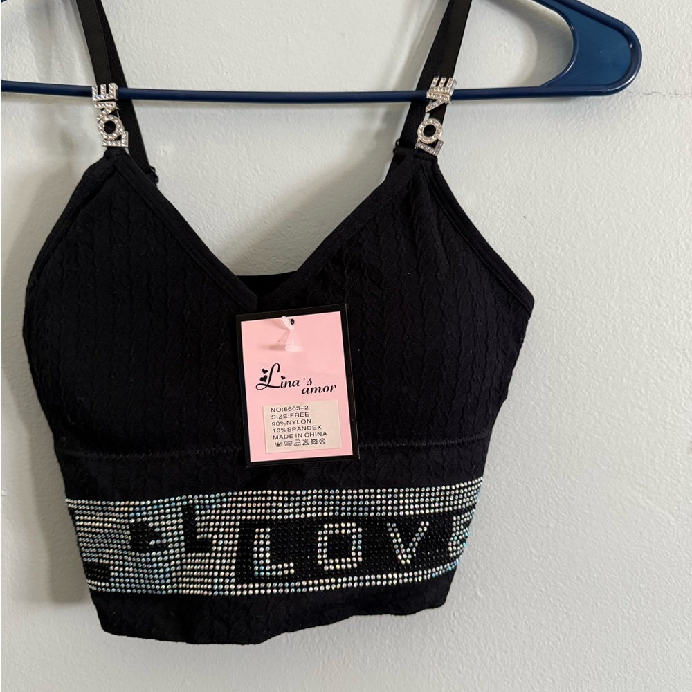 Lina Black Top with Rhinestone Love Design